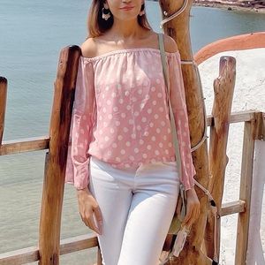Pink and white polka dot off shoulder top